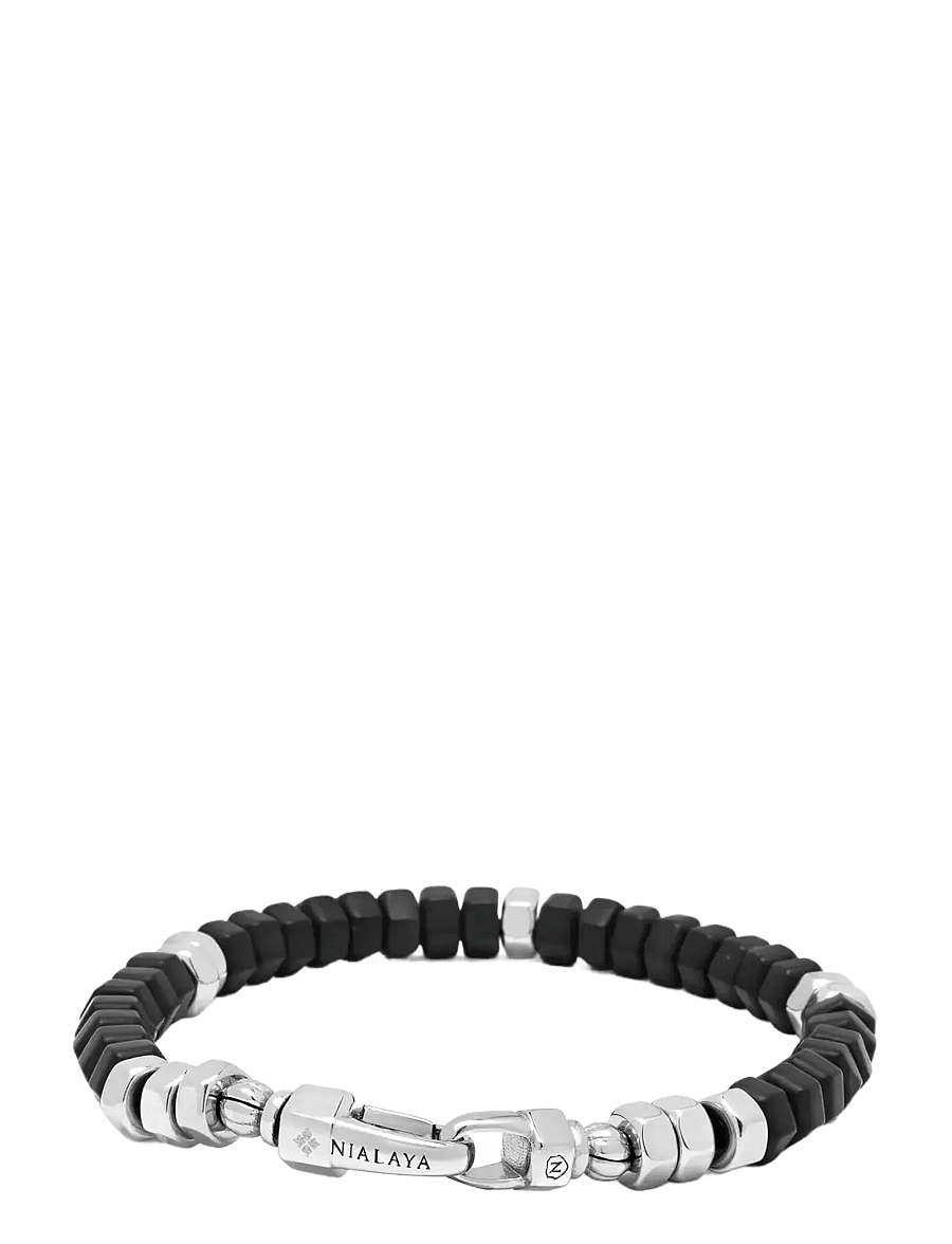 Nialaya - Men's Hexagon Beaded Bracelet with Black Onyx and Silver - armbänder - black
silver - 2