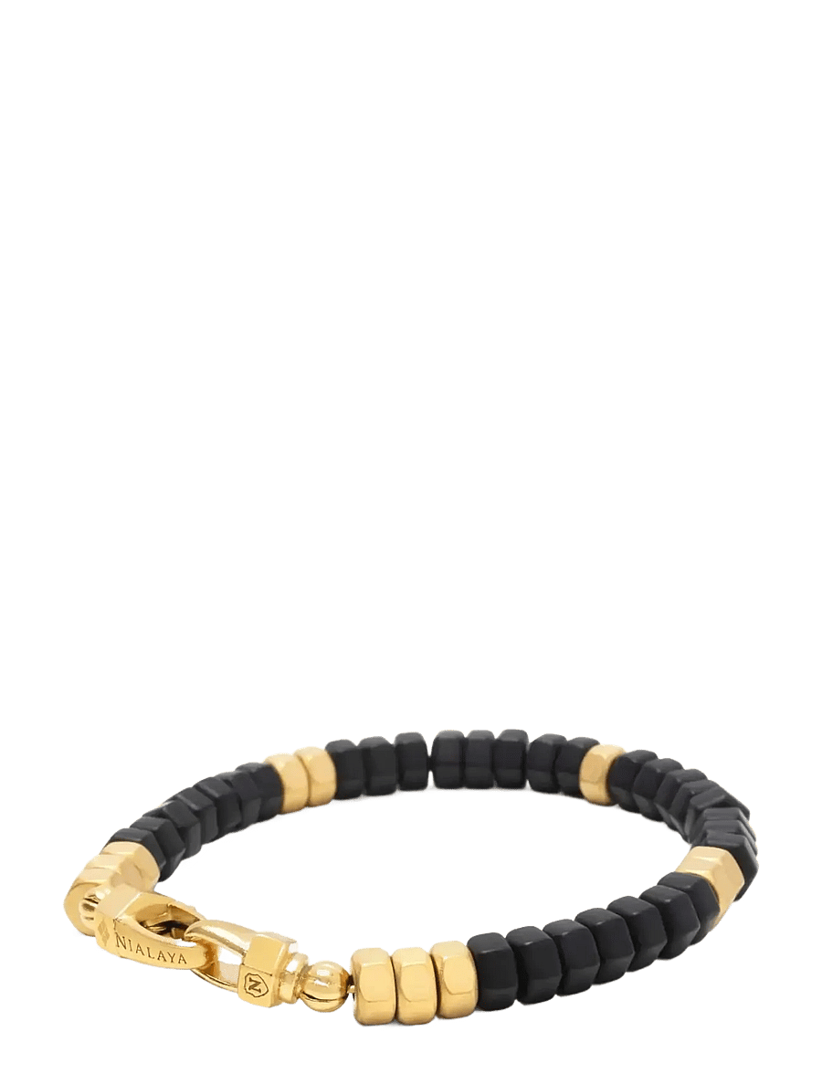 Nialaya - Men's Hexagon Beaded Bracelet with Black Onyx and Gold - armbänder - black/gold - 2