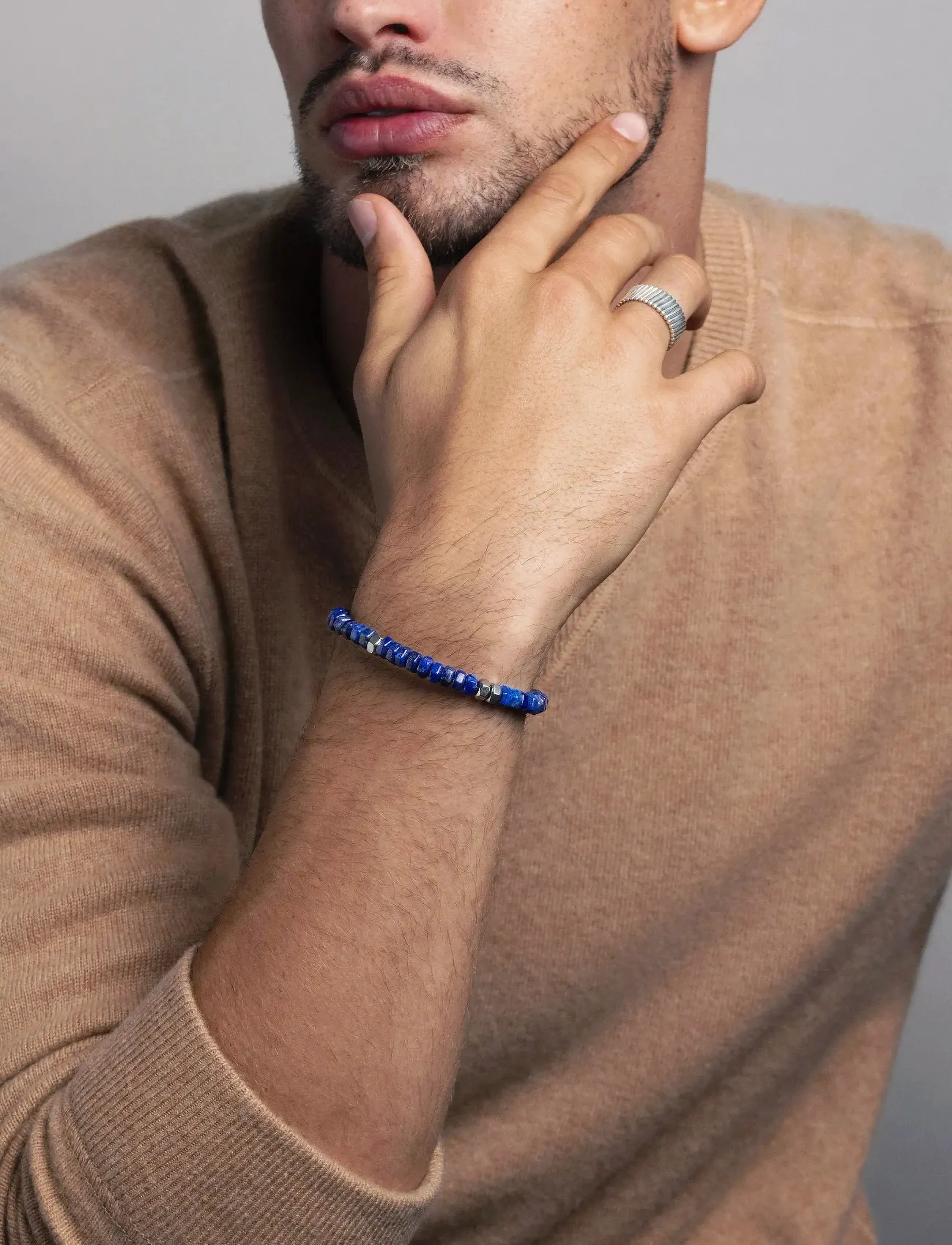 Nialaya Men's Hexagon Beaded Bracelet With Blue Lapis And Silver, L, Jewellery, Blau - Bracelets, Männerswear