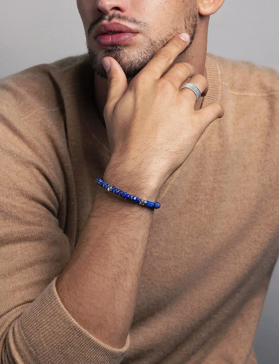 Nialaya - Men's Hexagon Beaded Bracelet with Blue Lapis and Silver - armbänder - blue
silver - 0