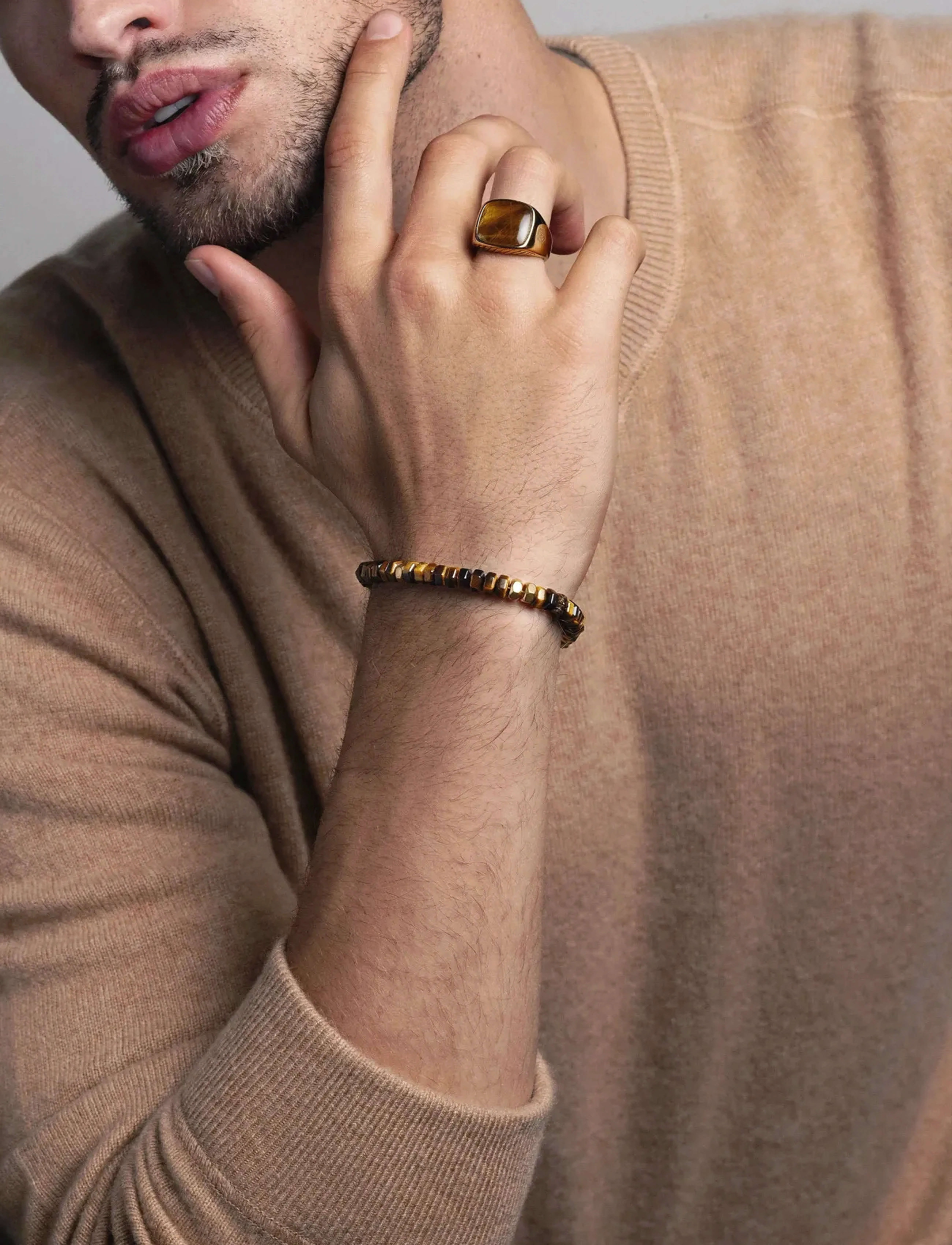 Nialaya Men's Hexagon Beaded Bracelet With Tiger Eye And Gold, M, Jewellery, Braun - Bracelets, Männerswear
