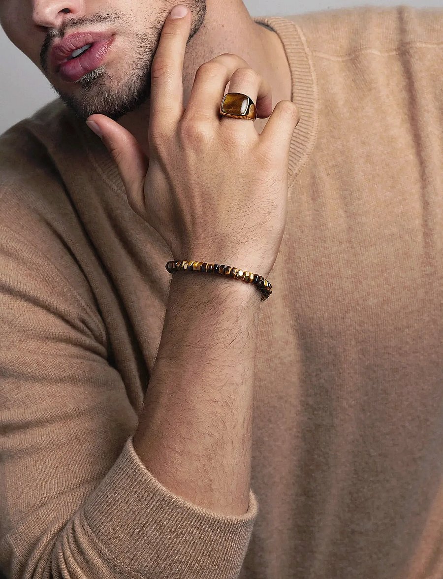 Nialaya - Men's Hexagon Beaded Bracelet with Tiger Eye and Gold - armbänder - brown
gold - 0