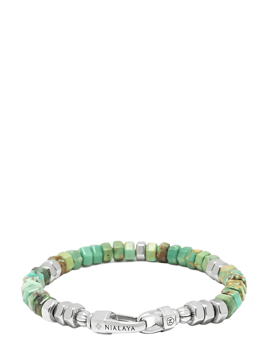 Nialaya - Men's Hexagon Beaded Bracelet with Green Turquoise and Silver - armbänder - turquoise
silver - 2