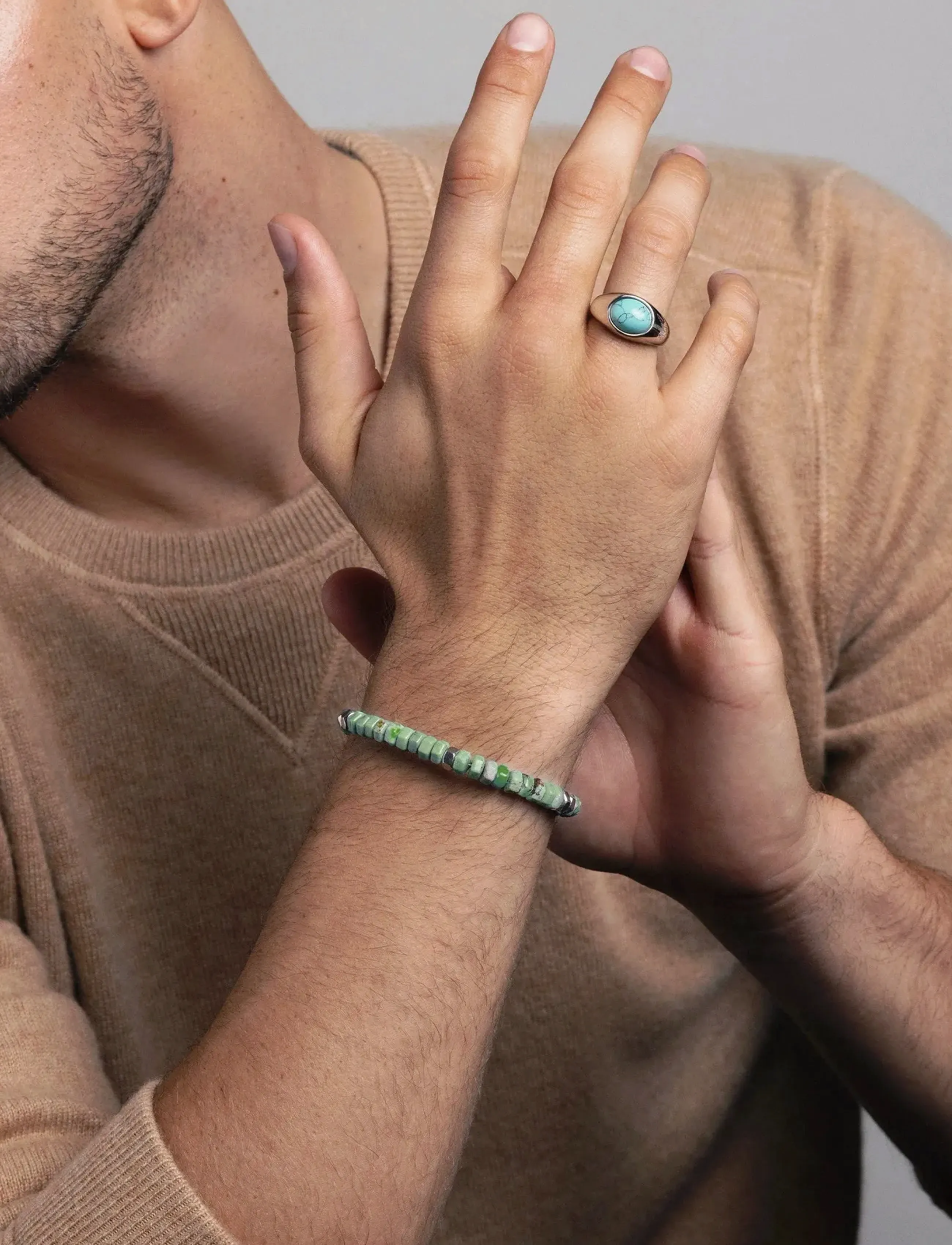 Nialaya Men's Hexagon Beaded Bracelet With Green Turquoise And Silver, L, Jewellery, Grün - Bracelets, Männerswear