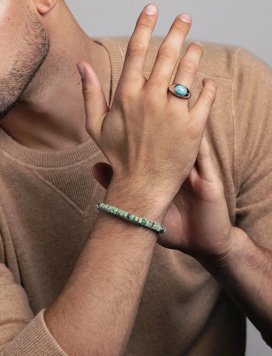 Nialaya - Men's Hexagon Beaded Bracelet with Green Turquoise and Silver - armbänder - turquoise
silver - 0