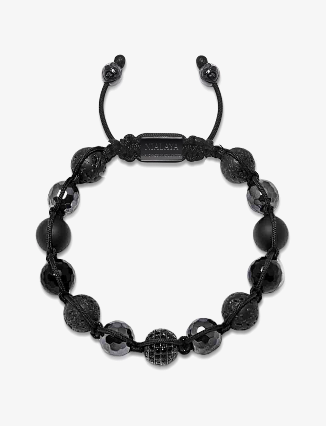 Nialaya Men's Beaded Bracelet with Black CZ Diamond, Lava Stone, Mat - Armbånd - BLACK / black