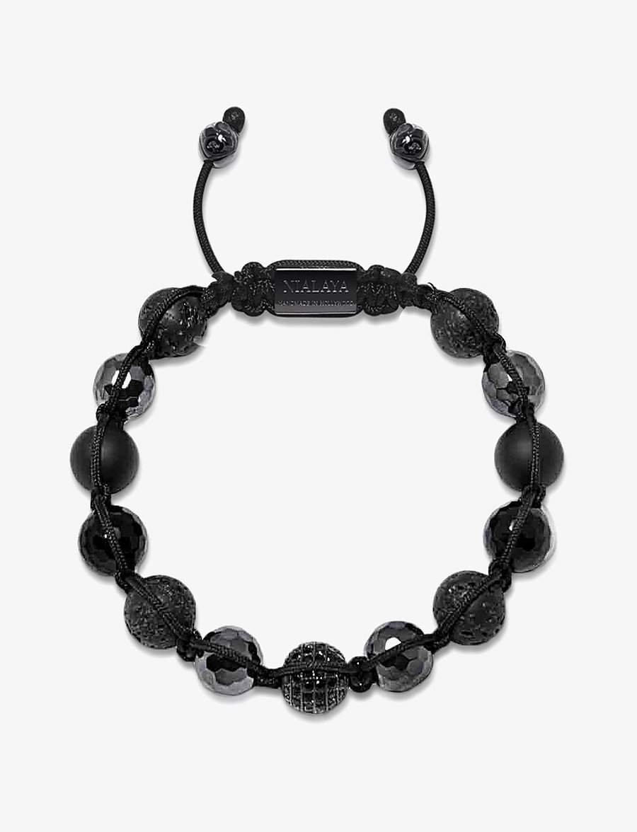 Nialaya - Men's Beaded Bracelet with Black CZ Diamond, Lava Stone, Mat - bracelets - black - 1