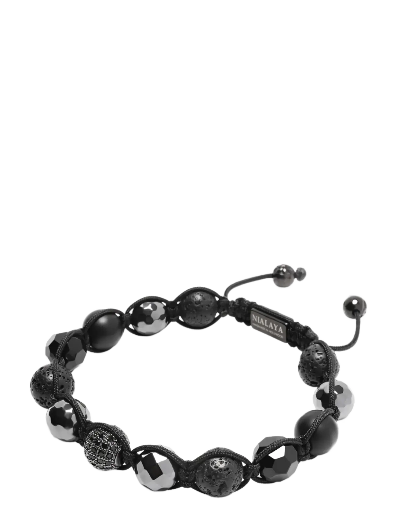 Nialaya - Men's Beaded Bracelet with Black CZ Diamond, Lava Stone, Mat - bracelets - black - 2