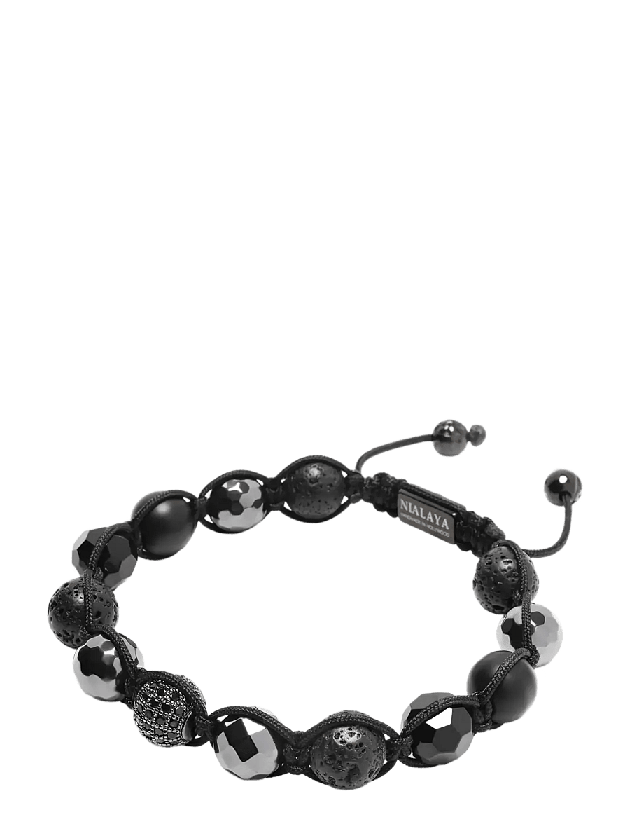 Nialaya - Men's Beaded Bracelet with Black CZ Diamond, Lava Stone, Mat - bracelets - black - 2