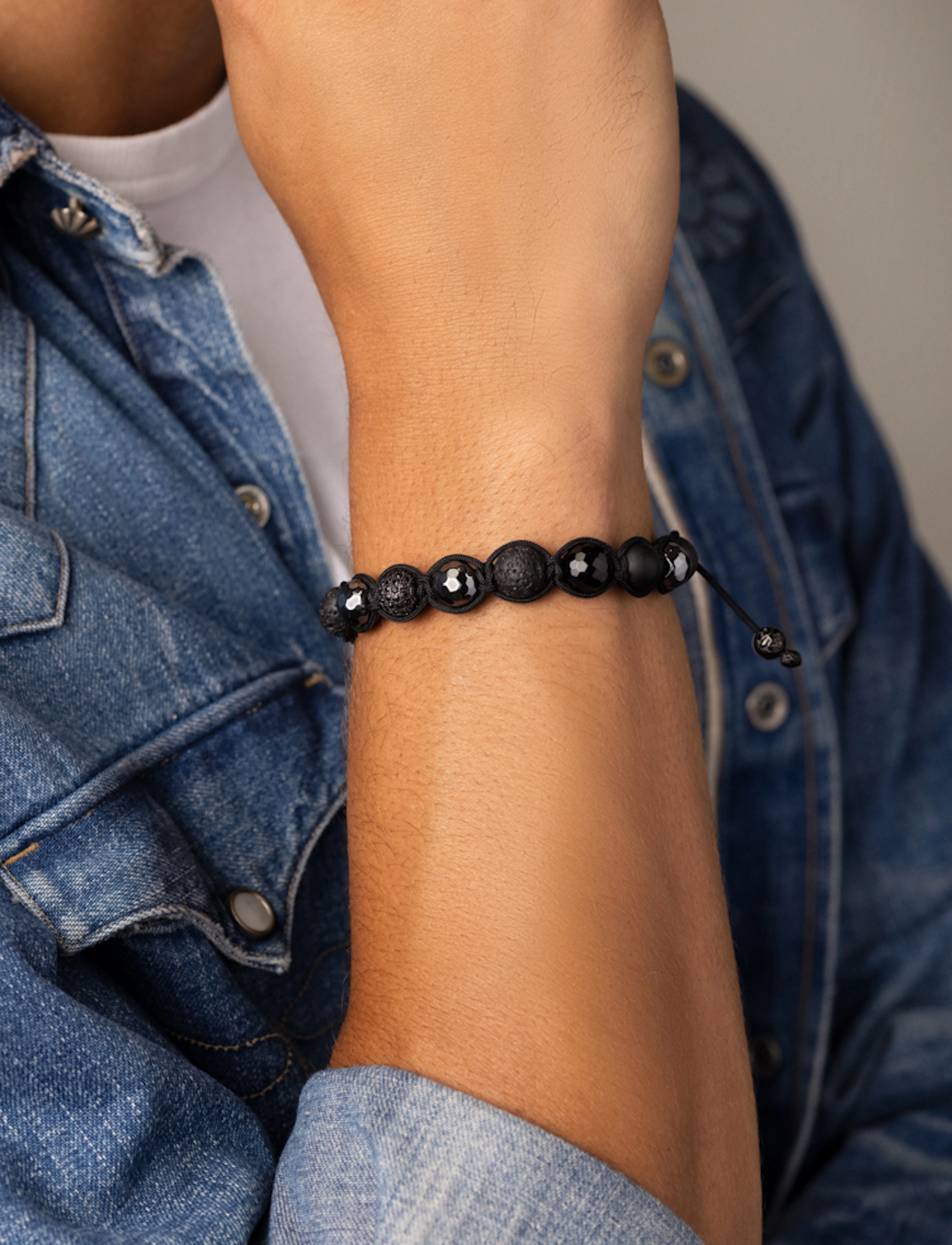 Nialaya Men's Beaded Bracelet With Black Cz Diamond, Lava Stone, Mat, L 18 cm, Jewellery, Schwarz - Bracelets, Männerswear
