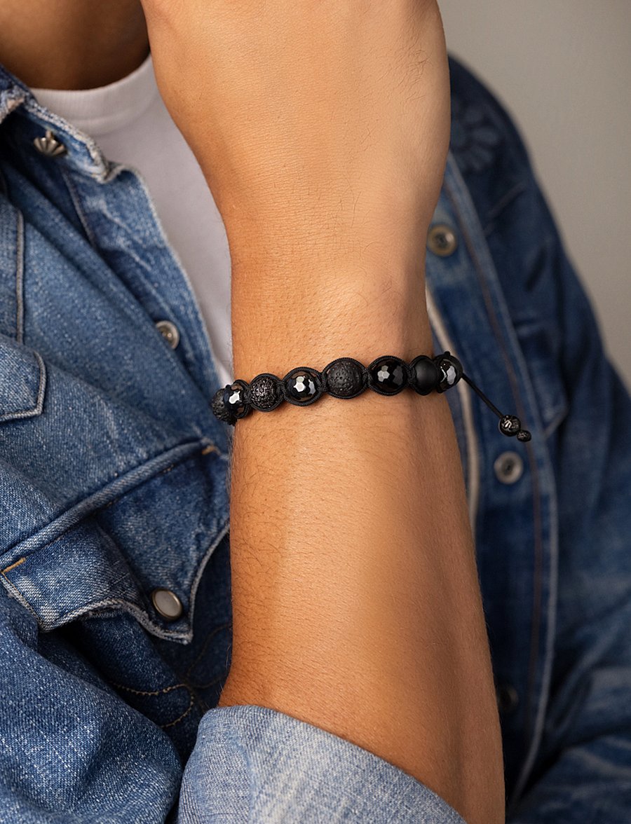 Nialaya - Men's Beaded Bracelet with Black CZ Diamond, Lava Stone, Mat - bracelets - black - 0