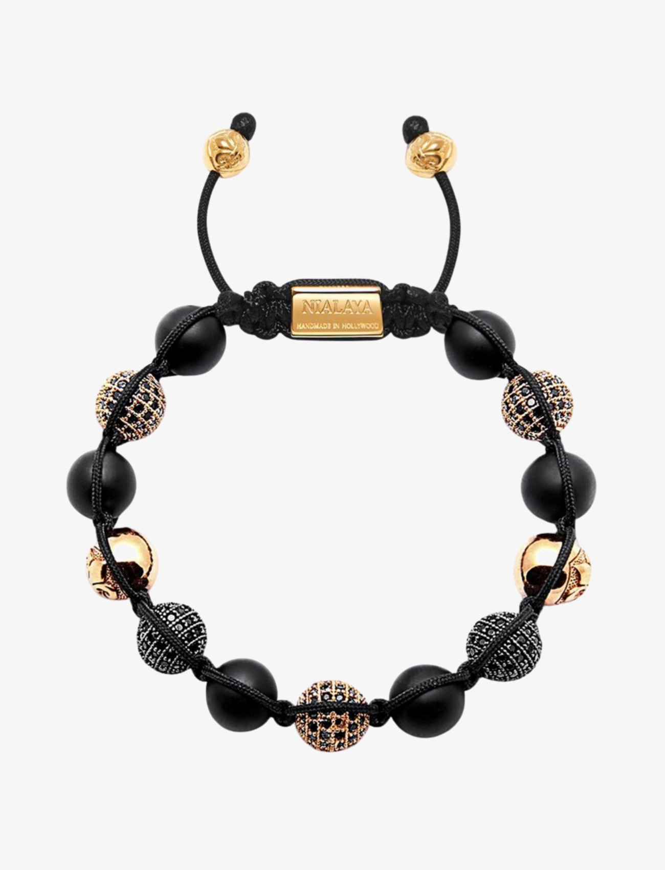 Nialaya Men's Beaded Bracelet with Matte Onyx and Black/Gold CZ Diam - Aksesuāri - BLACK / GOLD / gold