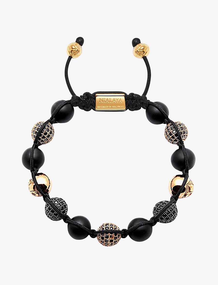 Nialaya - Men's Beaded Bracelet with Matte Onyx and Black/Gold CZ Diam - armbänder - black / gold - 1