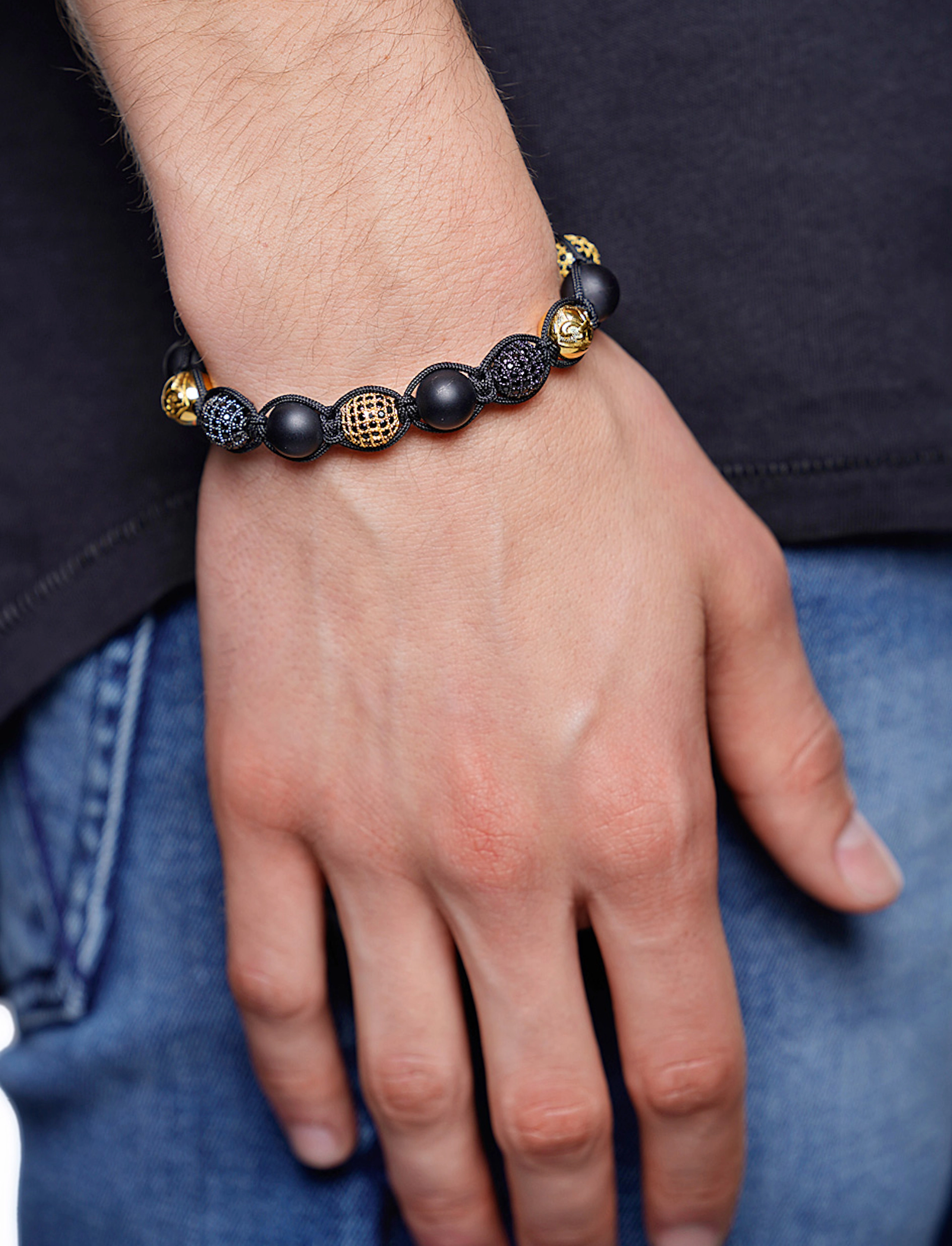 Nialaya Men's Beaded Bracelet With Matte Onyx And Black/Gold Cz Diam, M 17 cm, Jewellery, Gold - Bracelets, Männerswear