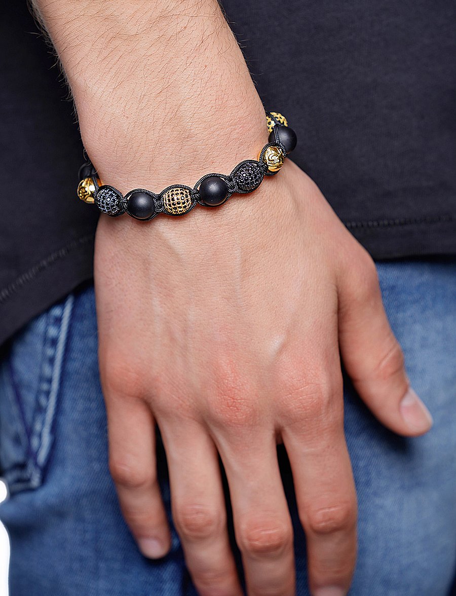 Nialaya - Men's Beaded Bracelet with Matte Onyx and Black/Gold CZ Diam - armbänder - black / gold - 0