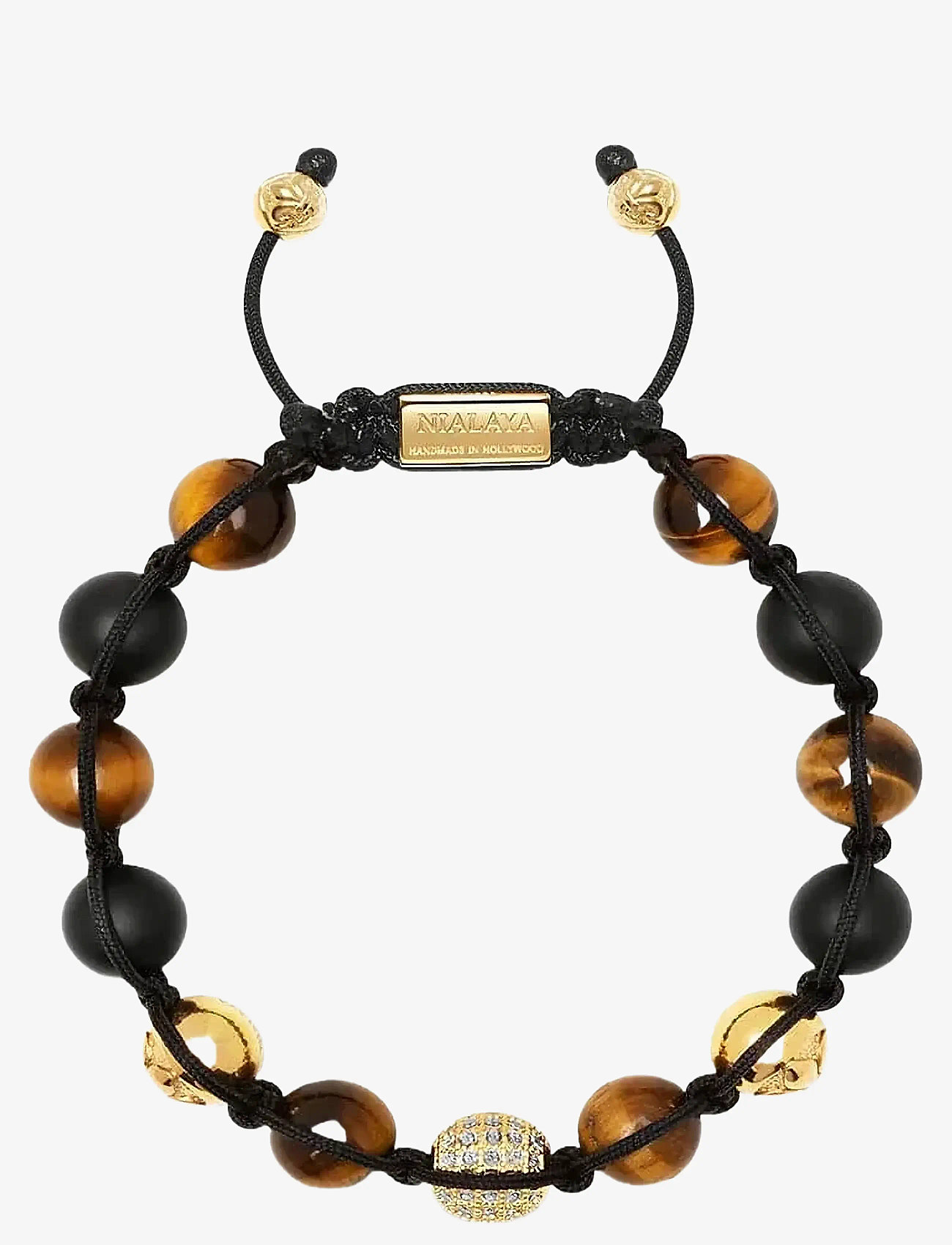 Nialaya - Men's Beaded Bracelet with Gold, CZ Diamond, Matte Onyx, and Brown Tiger Eye - bracelets - black
brown
gold - 1