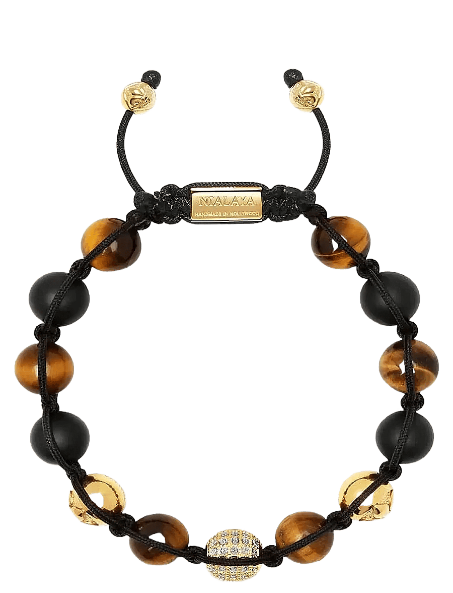 Nialaya - Men's Beaded Bracelet with Gold, CZ Diamond, Matte Onyx, and Brown Tiger Eye - armbänder - black
brown
gold - 1