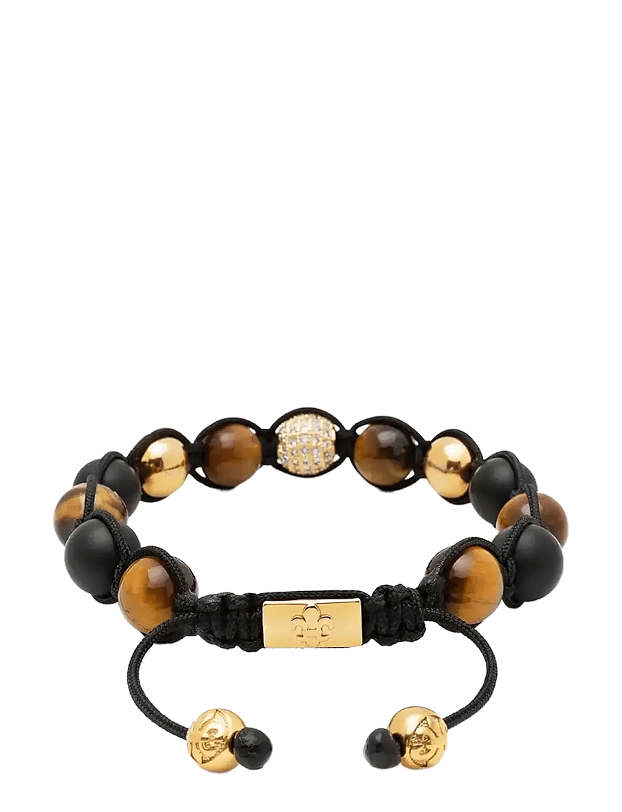 Nialaya - Men's Beaded Bracelet with Gold, CZ Diamond, Matte Onyx, and Brown Tiger Eye - armbänder - black
brown
gold - 2