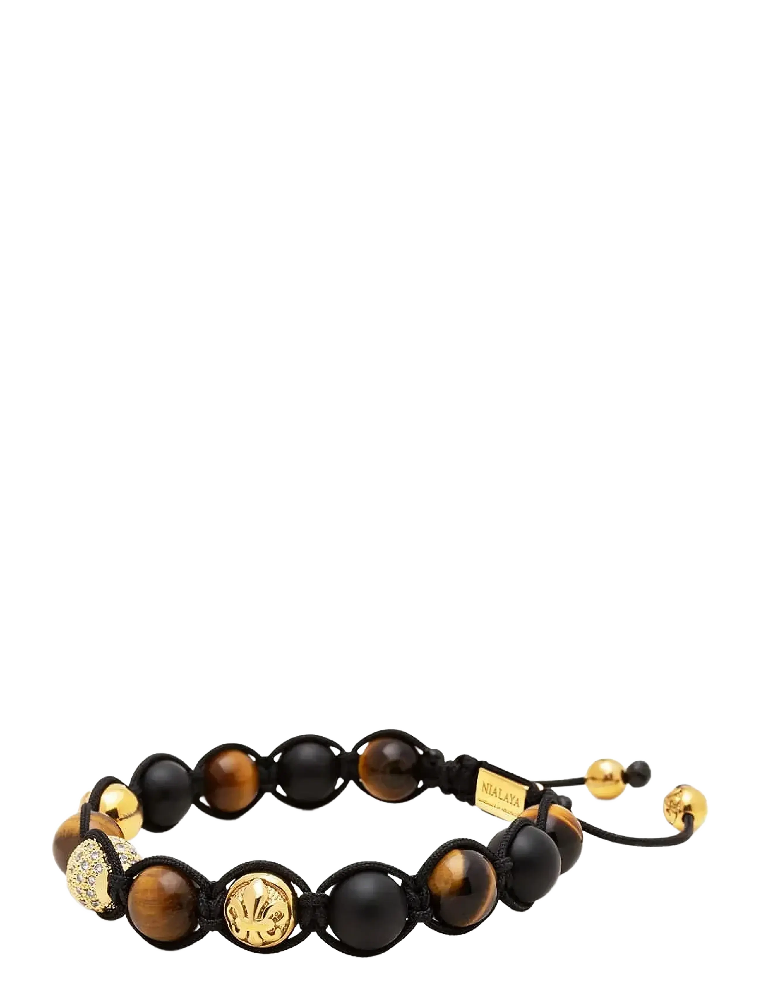 Nialaya - Men's Beaded Bracelet with Gold, CZ Diamond, Matte Onyx, and Brown Tiger Eye - bracelets - black
brown
gold - 3