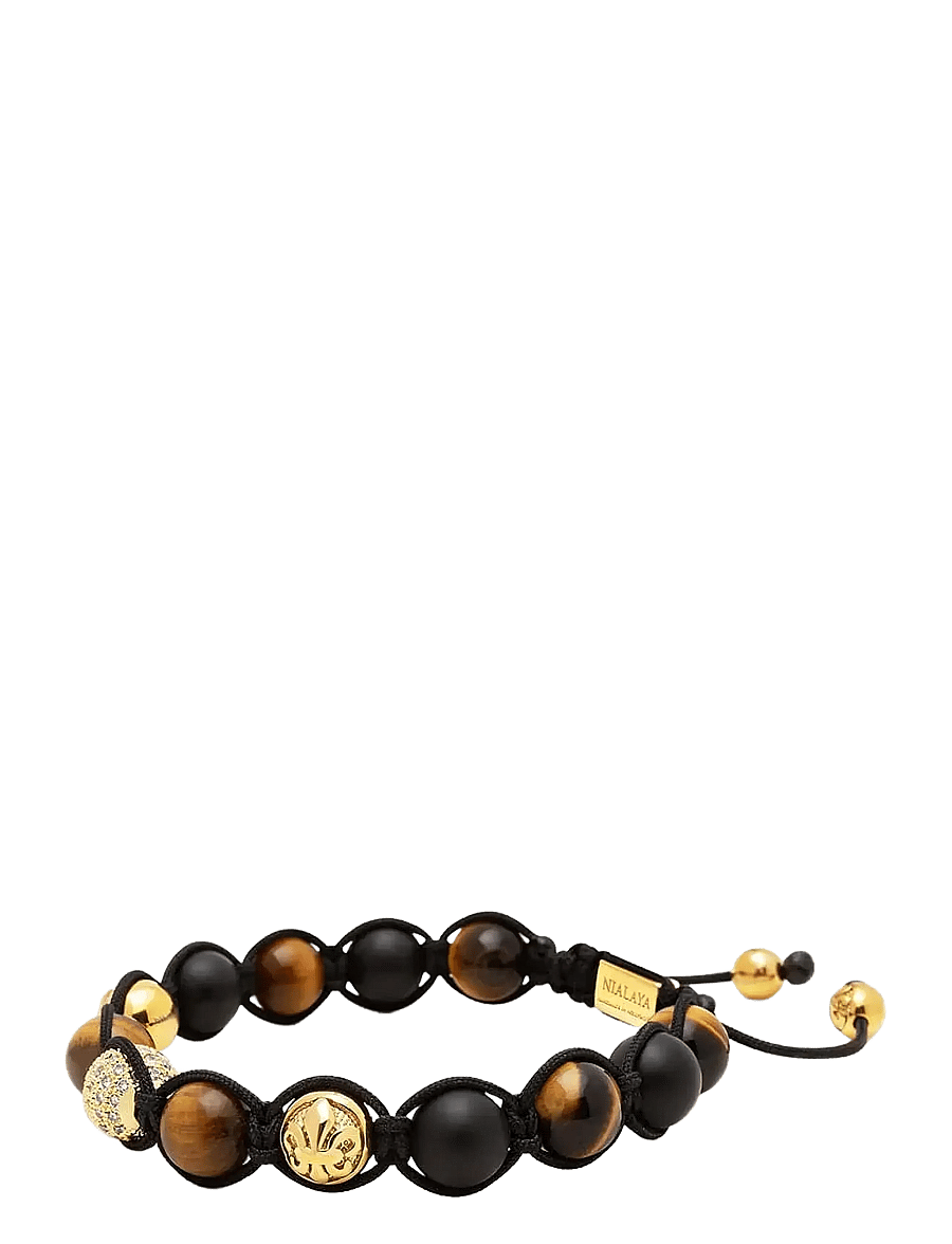 Nialaya - Men's Beaded Bracelet with Gold, CZ Diamond, Matte Onyx, and Brown Tiger Eye - armbänder - black
brown
gold - 3