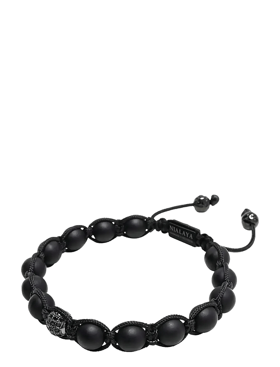 Nialaya - Men's Silver Beaded Bracelet with Matte Onyx & CZ Beads - käevõrud - silver
black - 2