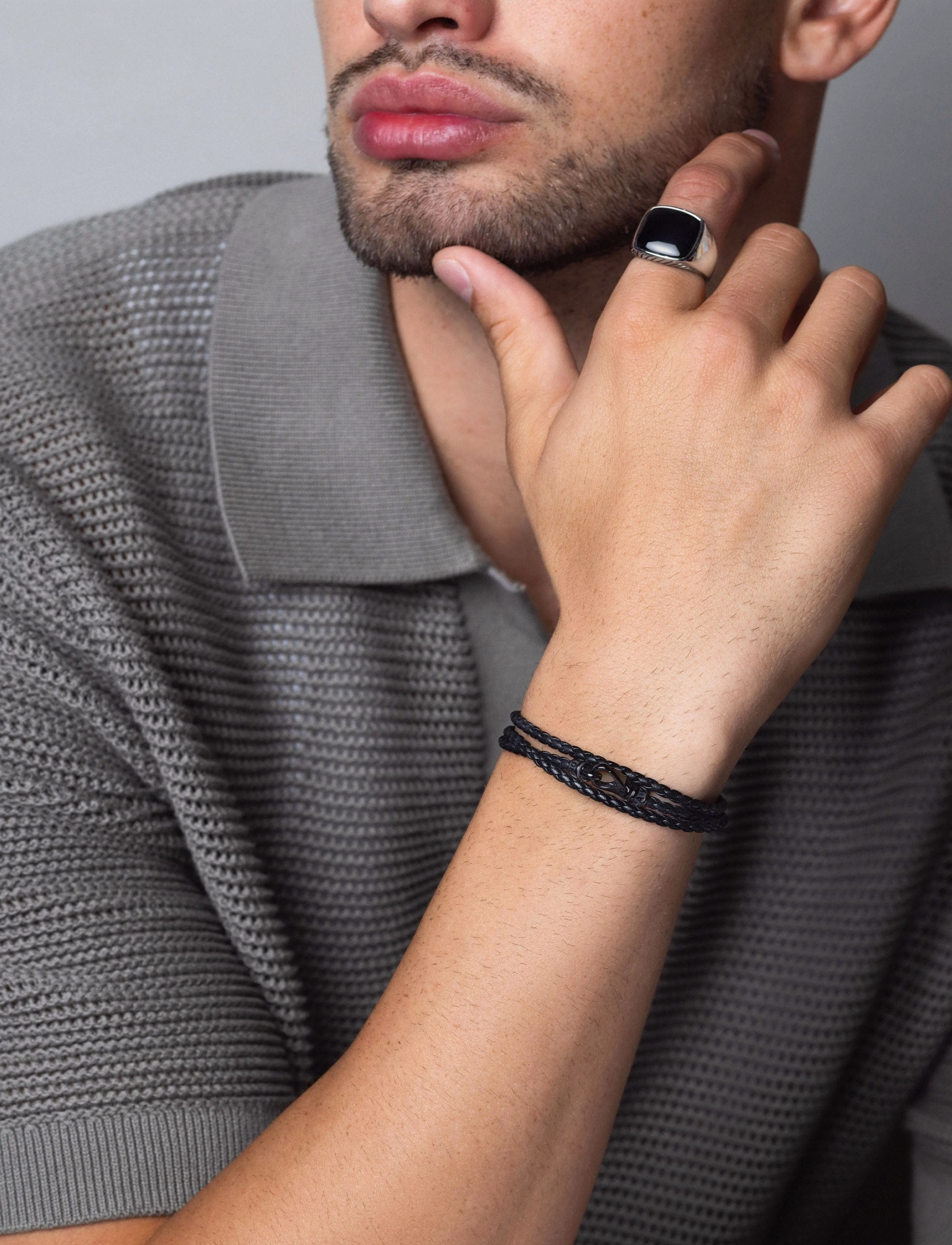 Nialaya Men's Black Wrap-Around Leather Bracelet - Partywear - BLACK / black