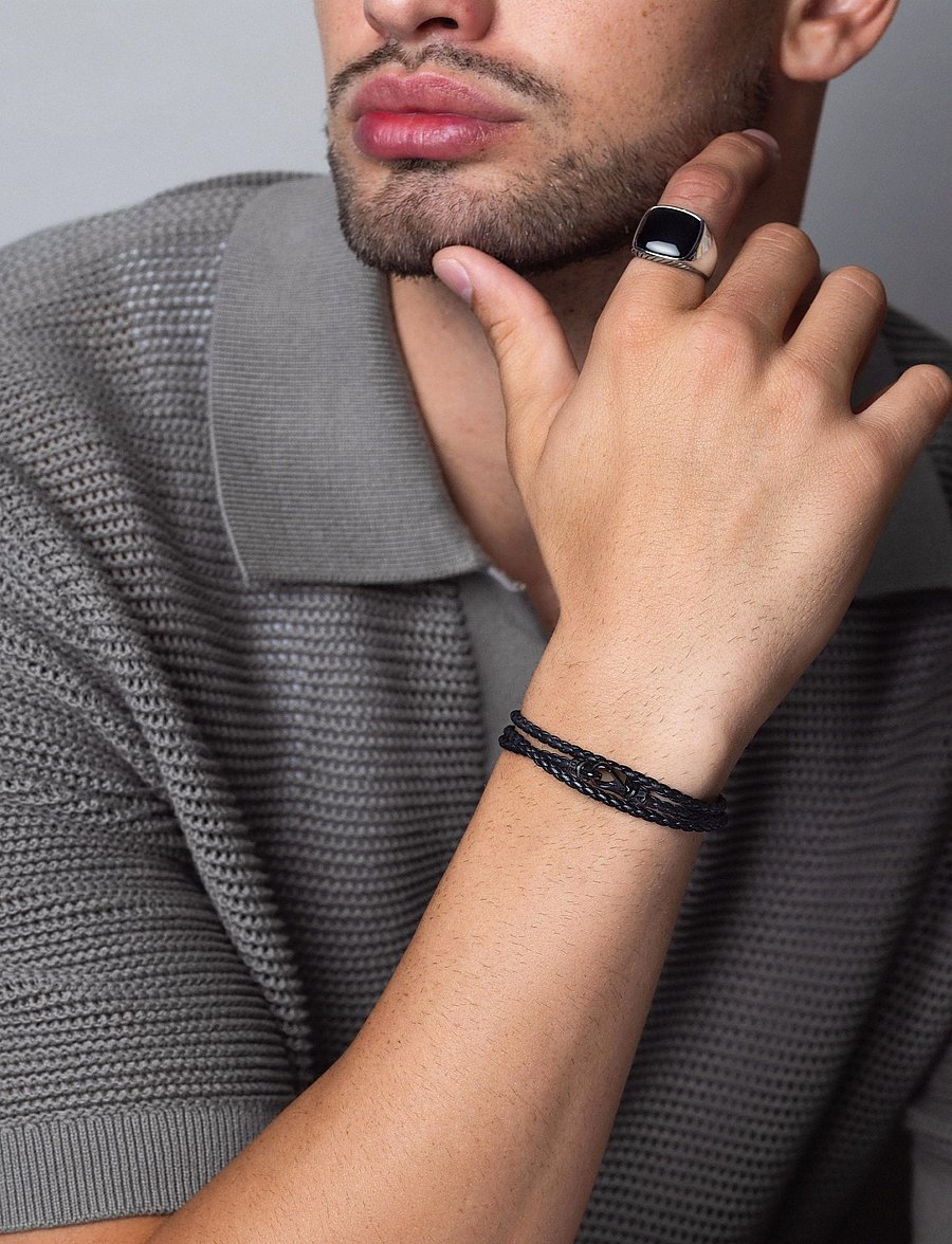 Nialaya - Men's Black Wrap-Around Leather Bracelet - armbänder - black - 0