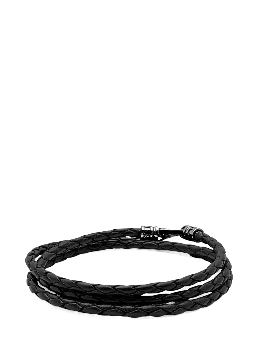 Nialaya - Men's Black Wrap-Around Leather Bracelet - armbänder - black - 2