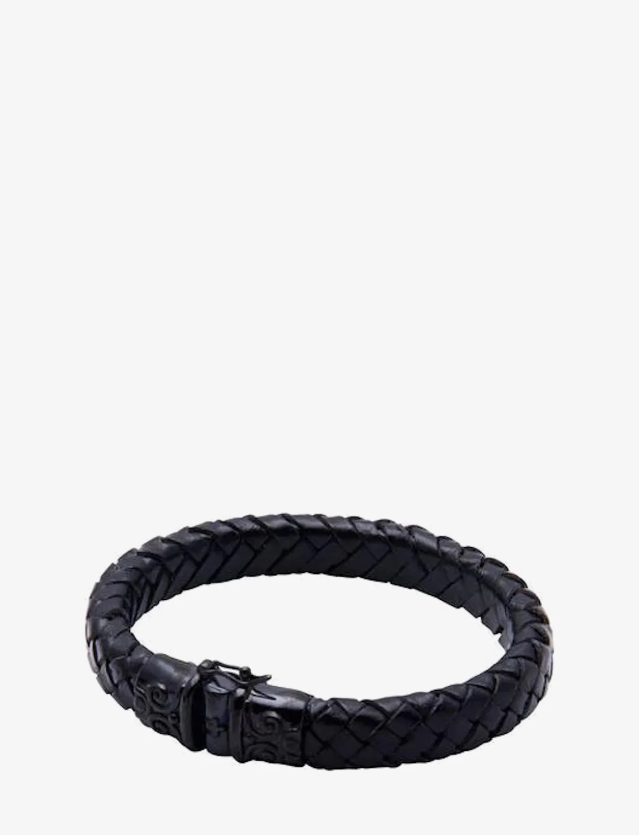 Nialaya - Thick Leather Bracelet with detailed Black Plated Lock - birthday gifts - black - 0