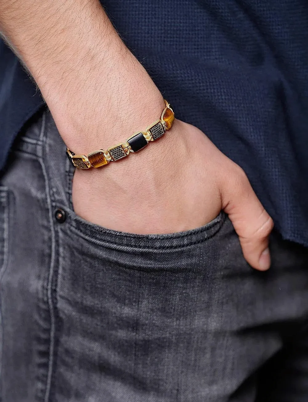Nialaya - The Dorje Flatbead Collection - Matte Onyx and Brown Tiger Eye - käevõrud - brown
black
gold - 0