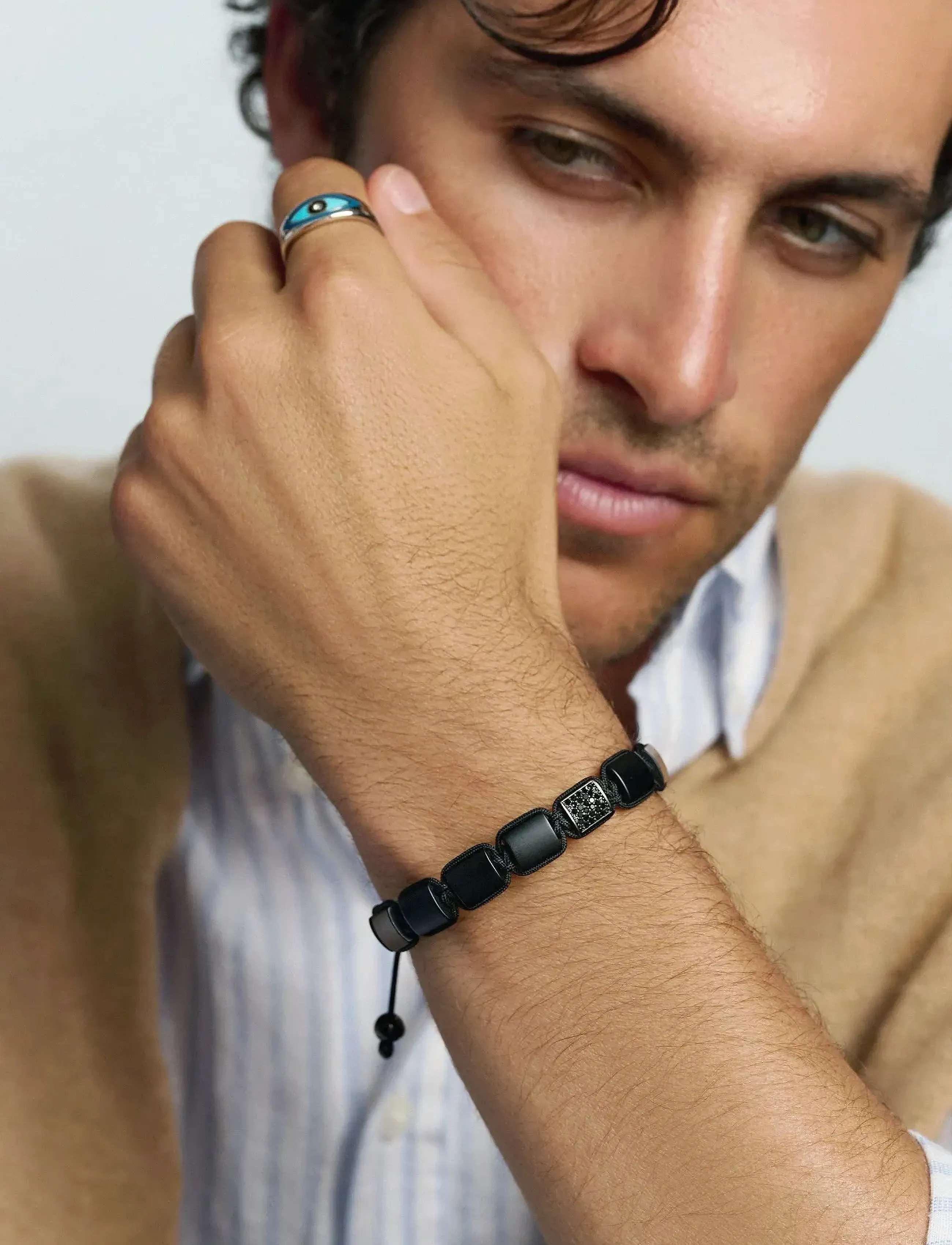 Nialaya The Cz Flatbead Collection Matte Onyx, M, Jewellery, Schwarz - Bracelets, Männerswear