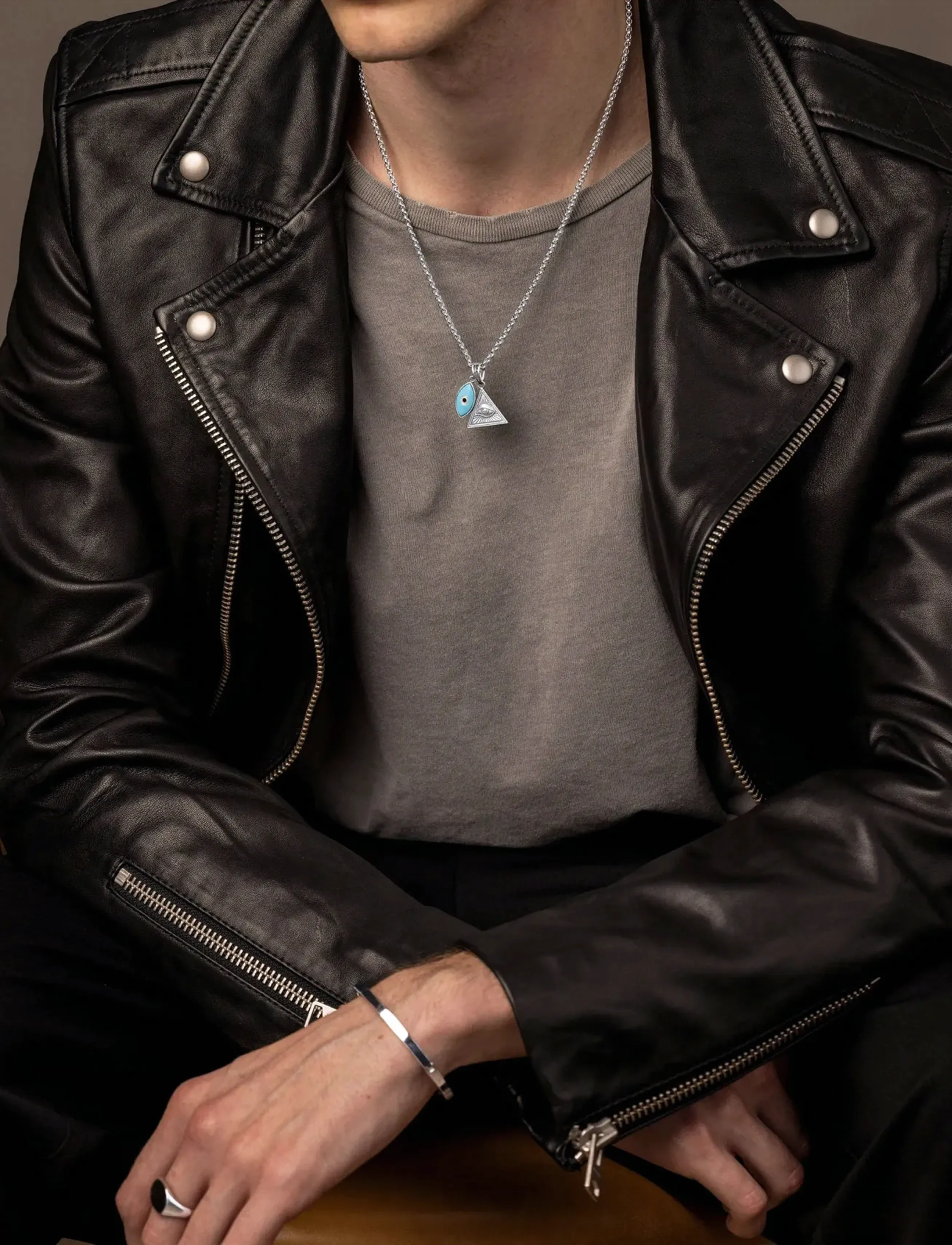 Nialaya Men's Silver Necklace With Turquoise Evil Eye And Of Ra Pendant, 22", Jewellery, Silber - Necklaces, Männerswear