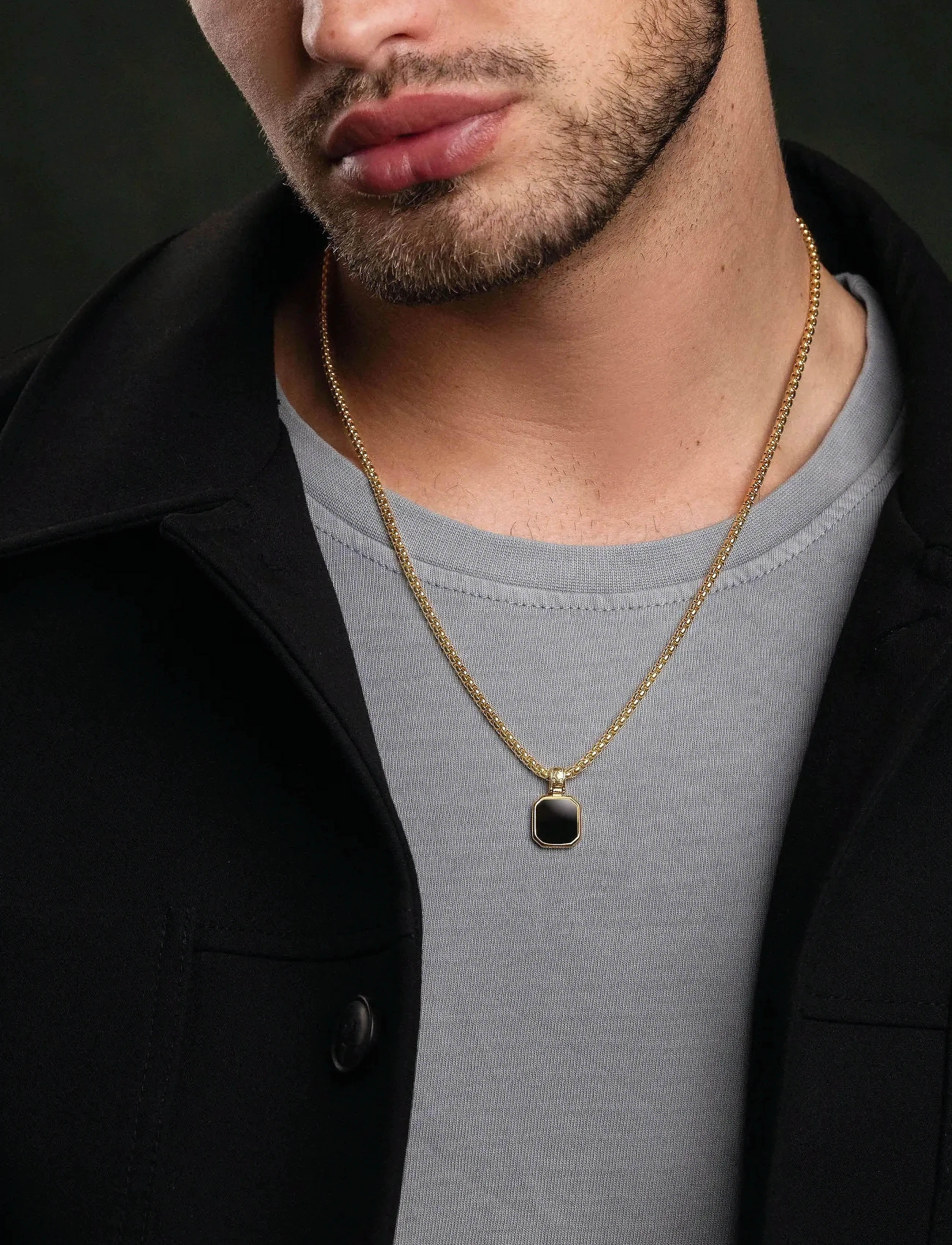 Nialaya Gold Necklace With Square Onyx Pendant, Herren, Quadratische Onyx Anhänger Halskette, Gold, Gr.22"
