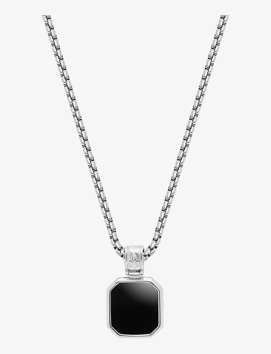 Nialaya - Silver Necklace with Square Matte Onyx Pendant - colliers - silver / black - 1