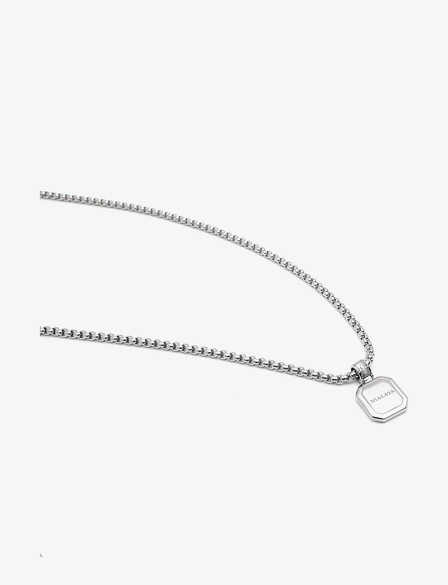 Nialaya - Silver Necklace with Square Matte Onyx Pendant - colliers - silver / black - 2