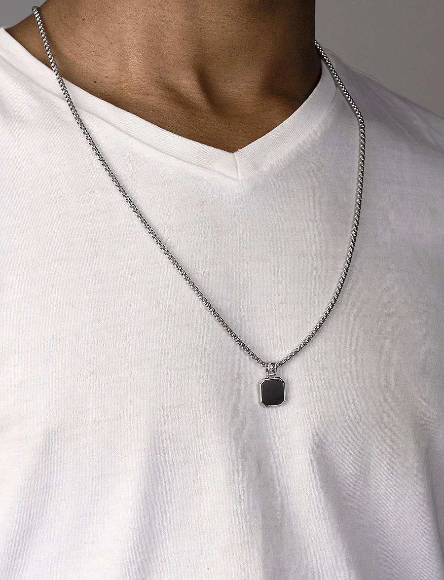 Nialaya - Silver Necklace with Square Matte Onyx Pendant - colliers - silver / black - 3