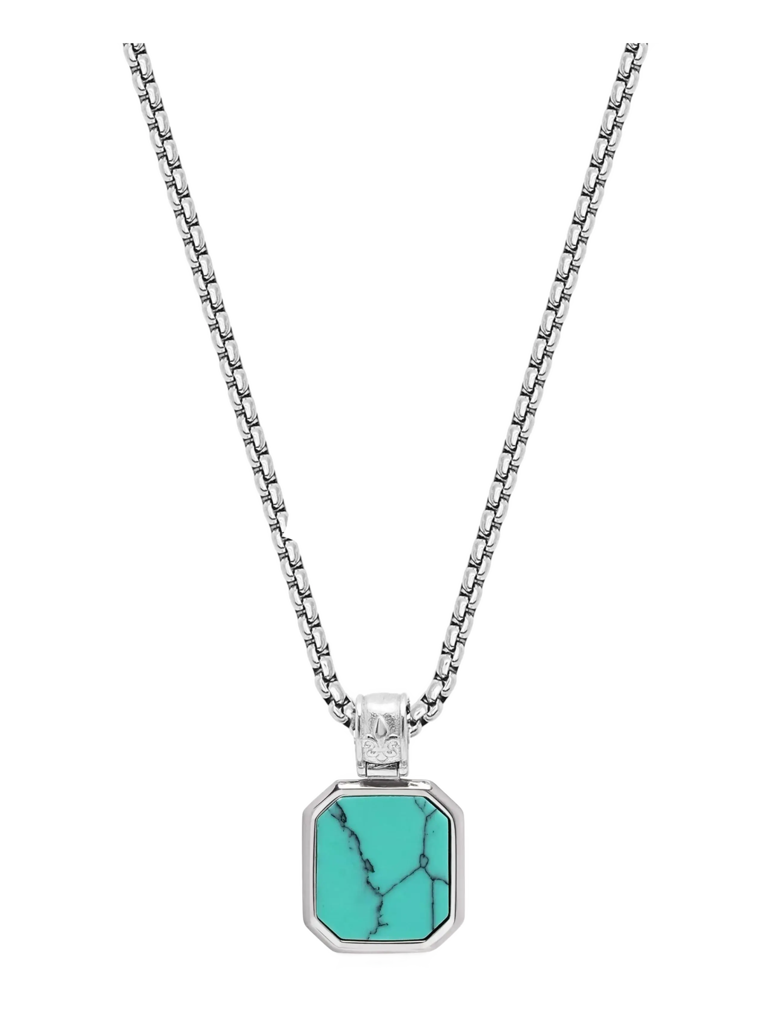 Silver Necklace with Square Turquoise Pendant - SILVER/TURQUOISE