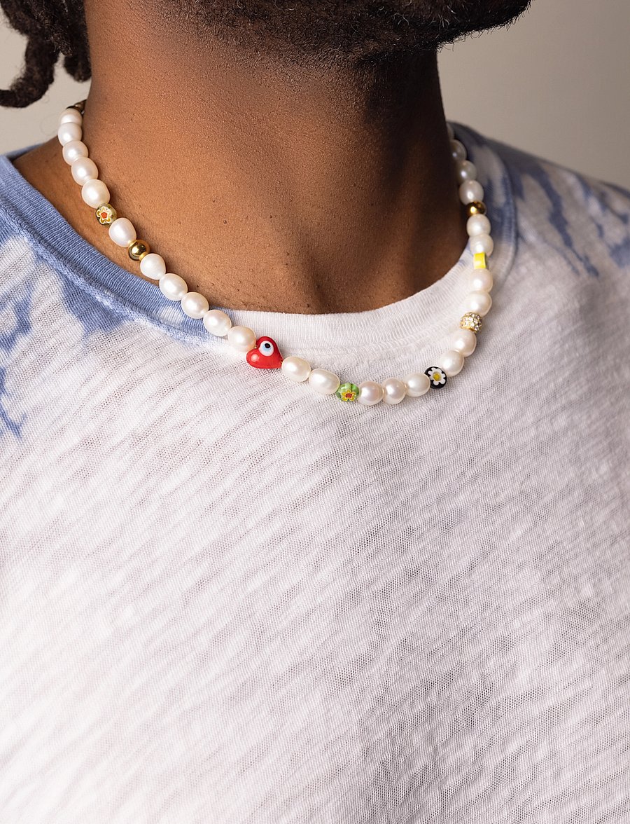 Nialaya - Men's Smiley Face Pearl Choker with Assorted Beads - halskæder - multi - 0