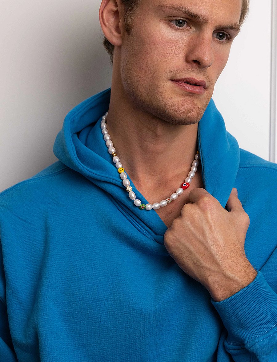Nialaya - Men's Smiley Face Pearl Choker with Assorted Beads - halskæder - multi - 4