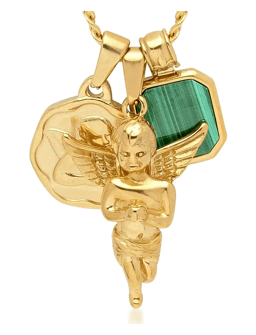 Nialaya - Men's Gold Talisman Necklace with Angel and Malachite Pendant - kaelakeed - gold
green - 1