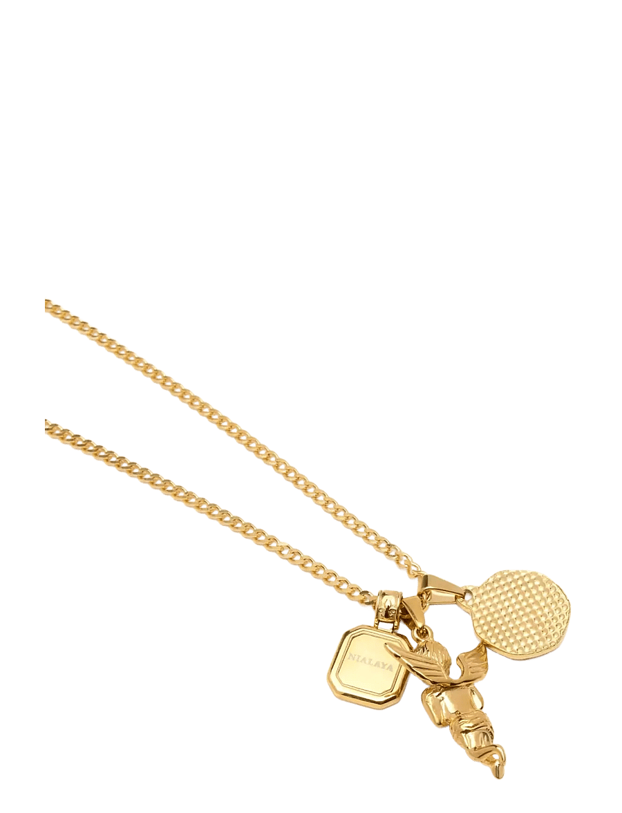 Nialaya - Men's Gold Talisman Necklace with Angel and Malachite Pendant - kaelakeed - gold
green - 2
