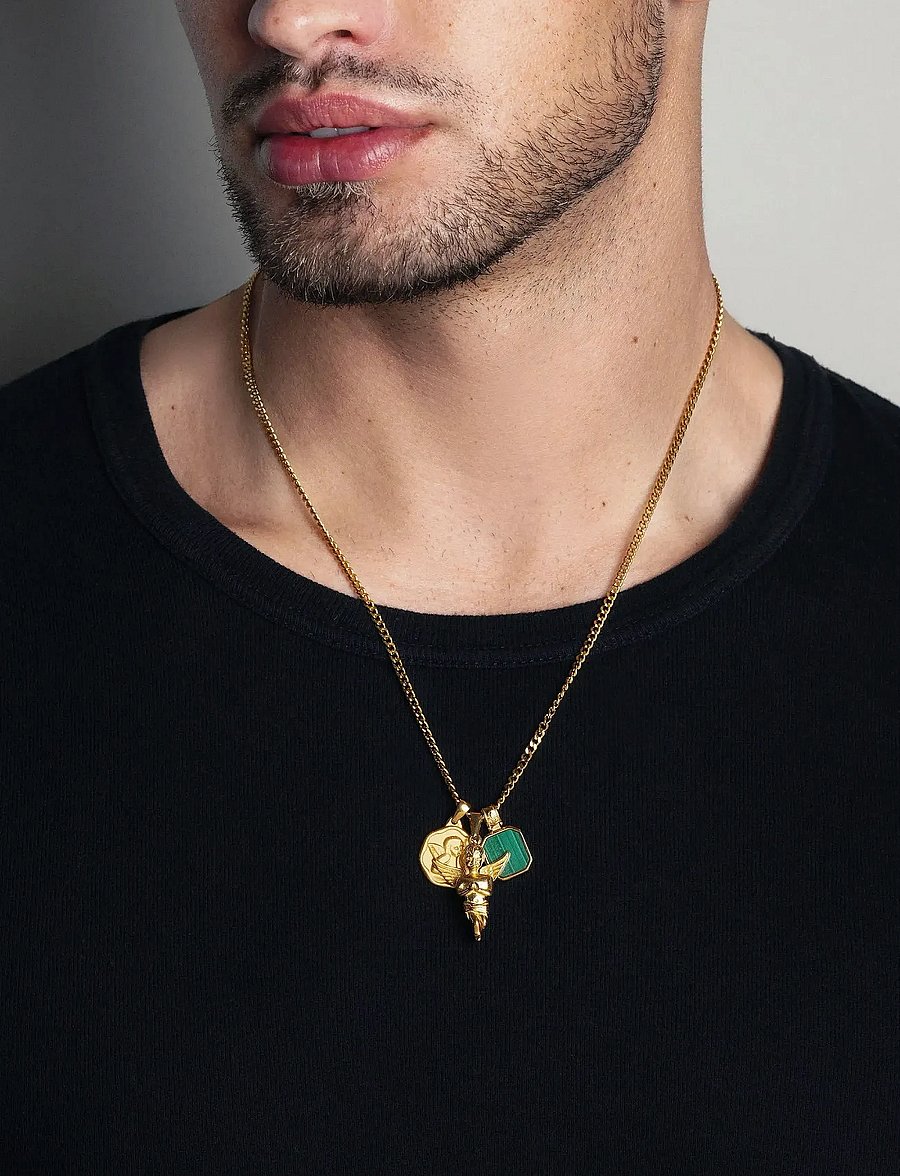 Nialaya - Men's Gold Talisman Necklace with Angel and Malachite Pendant - kaelakeed - gold
green - 0
