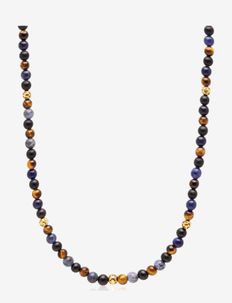 Beaded Necklace with Dumortierite, Brown Tiger Eye, and Gold, Nialaya