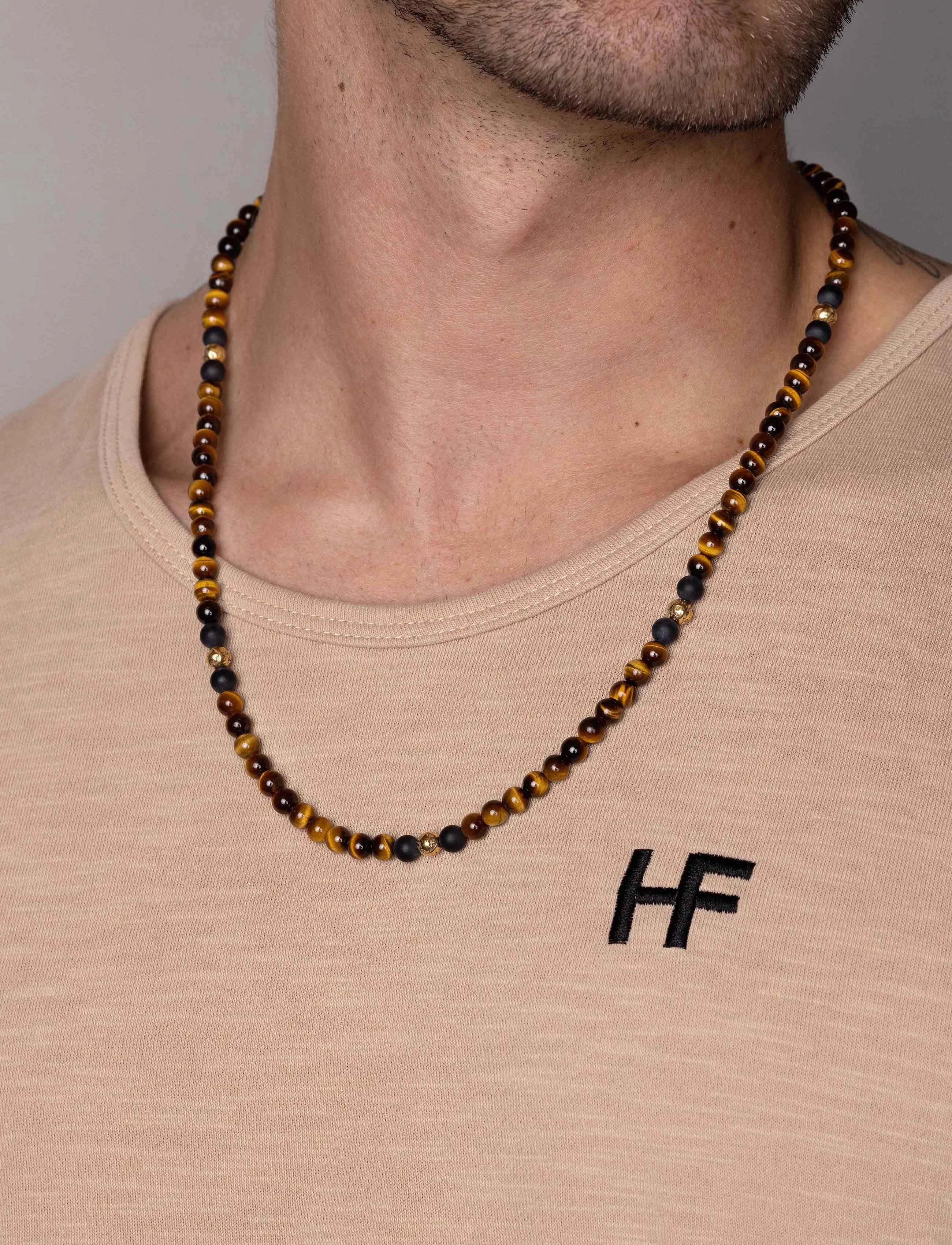 Nialaya Beaded Necklace With Brown Tiger Eye And Gold, One Size 61 cm, Brown, Smykker > Halskæder, Herre