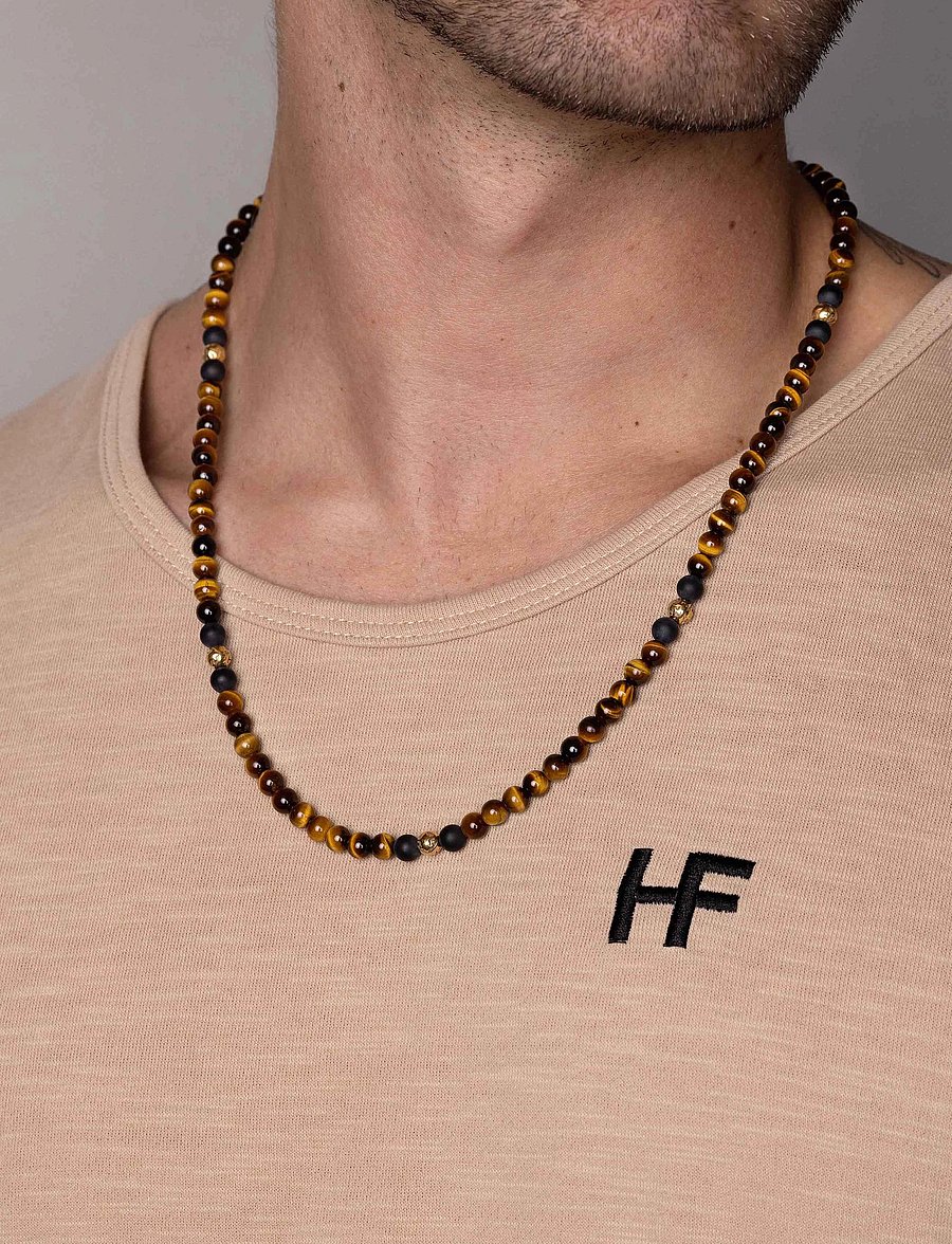 Nialaya - Beaded Necklace with Brown Tiger Eye and Gold - necklaces - brown - 0