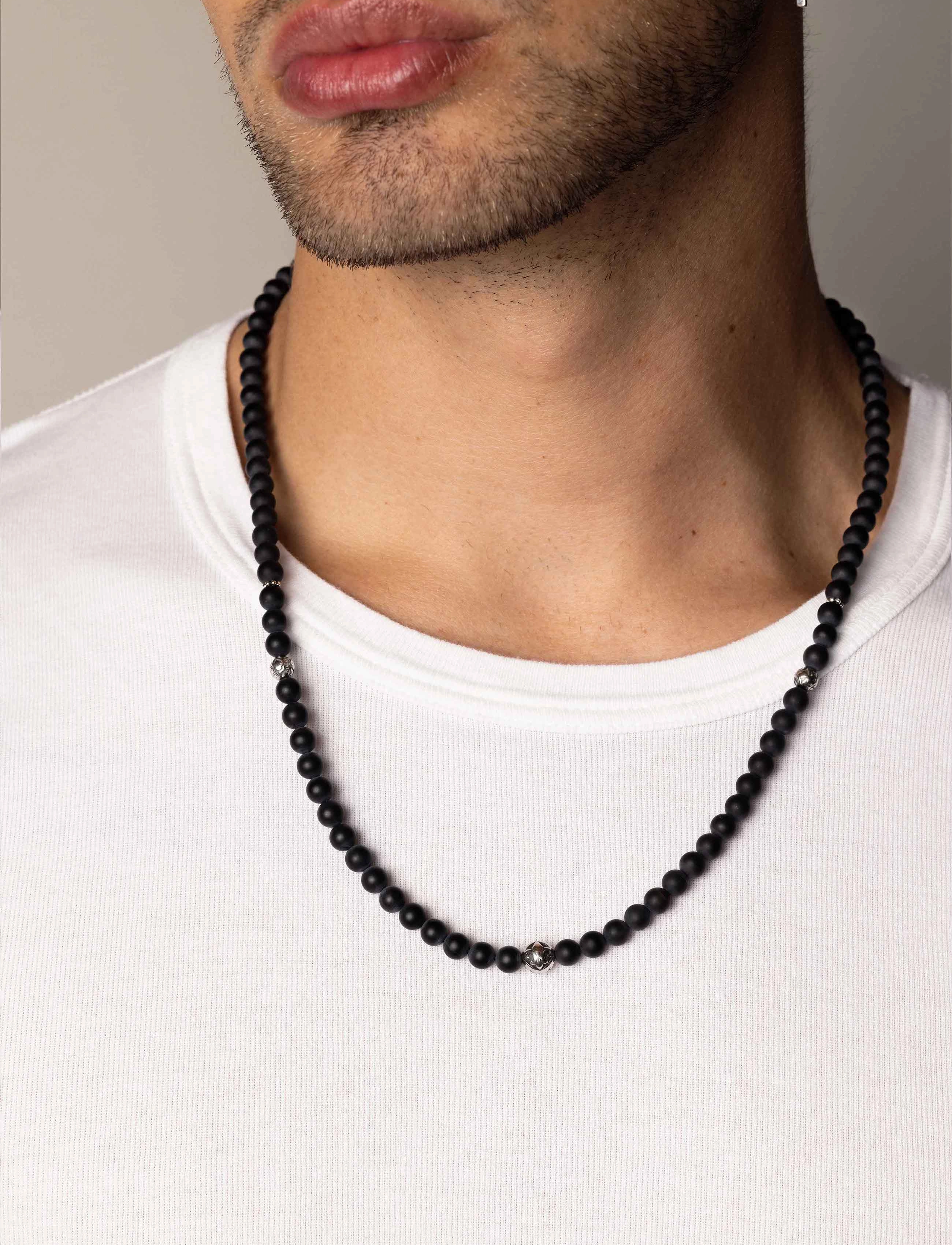 Nialaya Beaded Necklace With Matte Onyx And Silver, One Size 61 cm, Jewellery, Schwarz - Necklaces, Männerswear
