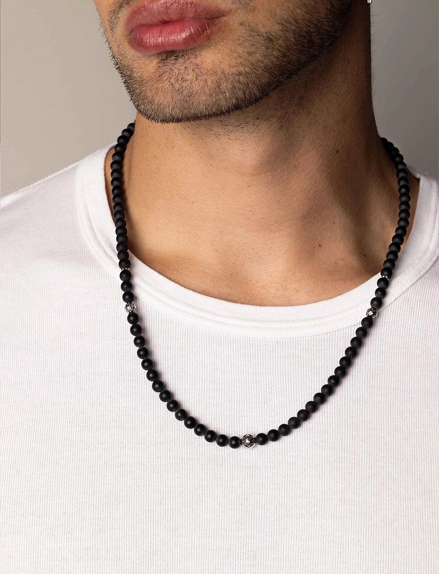 Nialaya - Beaded Necklace with Matte Onyx and Silver - necklaces - black / silver - 0