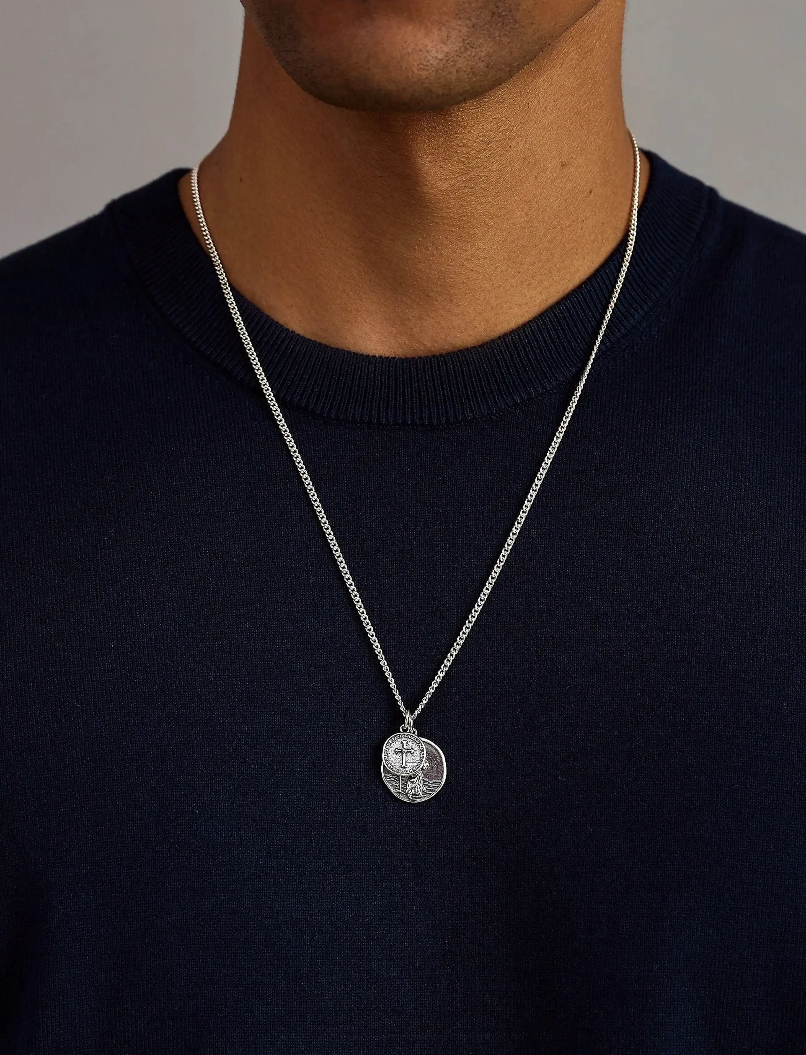 Nialaya Saint Christopher Double Medallion, Mænd, Dobbelt Medaljon Halskæde, Sølv, Str: 22'