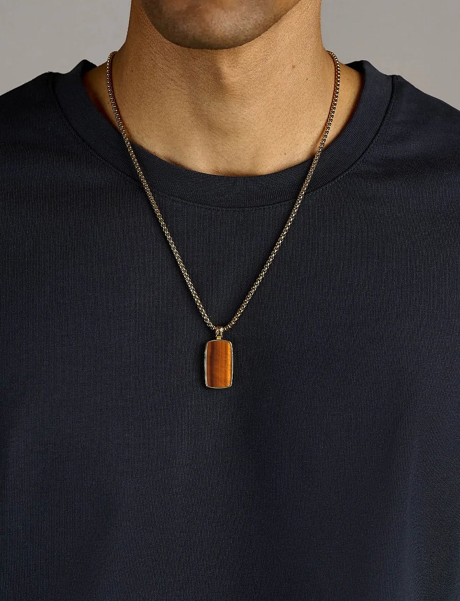 Nialaya - Tiger Eye Dog Tag Necklace in Gold - colliers - brown - 0