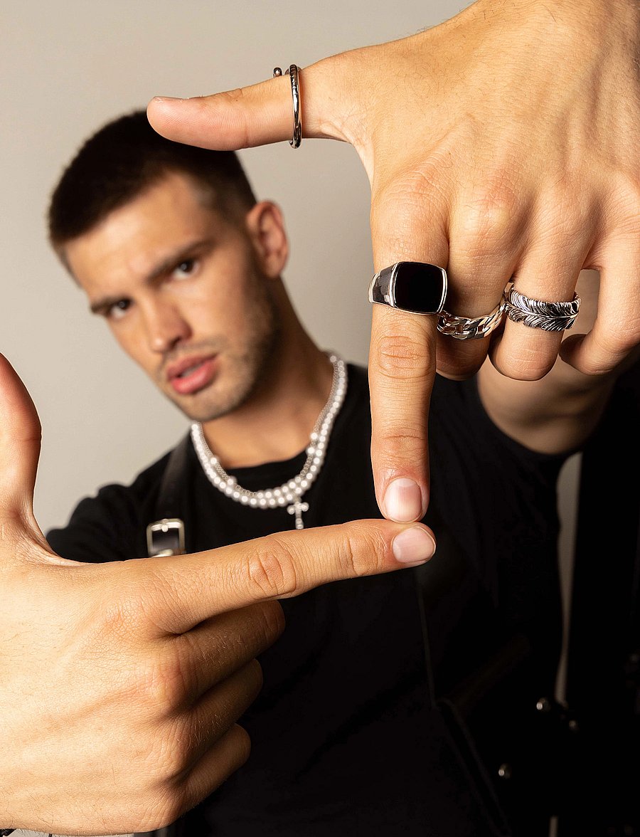 Nialaya - Men's Silver Signet Ring with Onyx - ringe - silver / black - 4